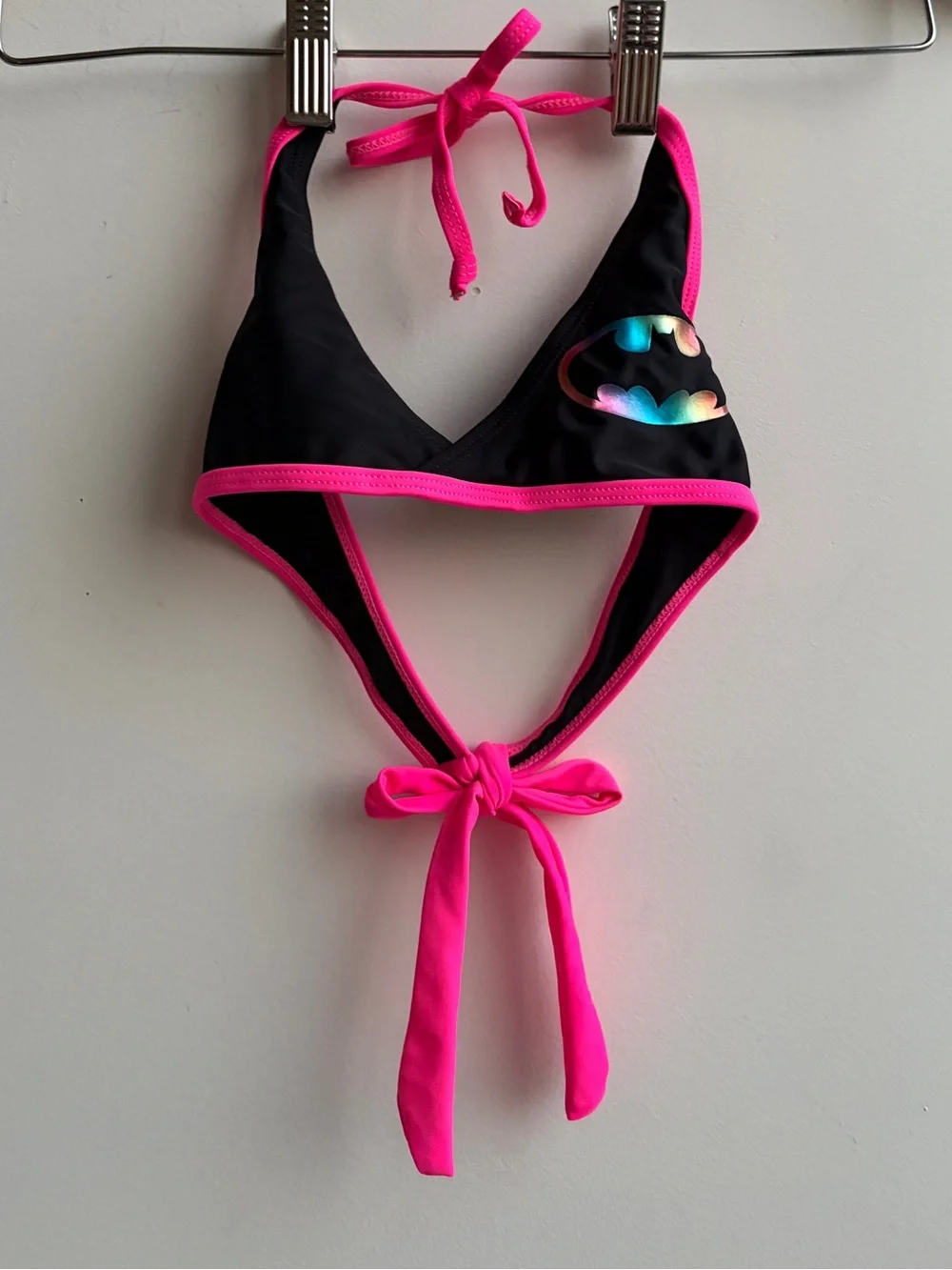 Girls Batman DC Comics Black & Neon Pink Triangle Swim Top with Holographic Logo